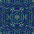 A symmetrical kaleidoscope pattern of blue and black stained glass squares creating a dark, geometric floral motif.
