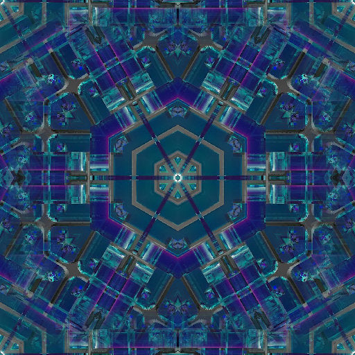 A symmetrical kaleidoscope pattern of blue and black stained glass squares creating a dark, geometric floral motif.
