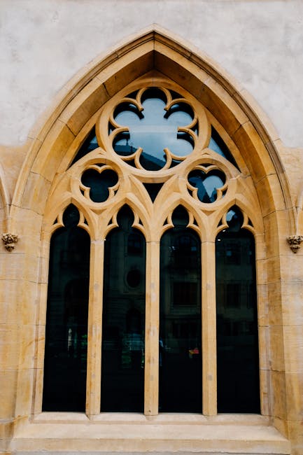 Seamless diamond wallpaper pattern — Stained Glass by wallpaper⁶ — base photo: Low angle of arched stained glass window with ornamental elements of aged Gothic cathedral in daylig
