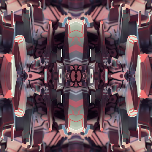 A symmetrical digital glitch pattern with vibrant blue and pink horizontal lines reflected in a Mirror symmetry arrangement.