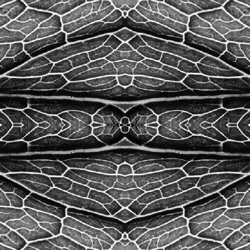 A blue and white mirrored pattern of chemical formulas and molecular diagrams forming a symmetrical grid.