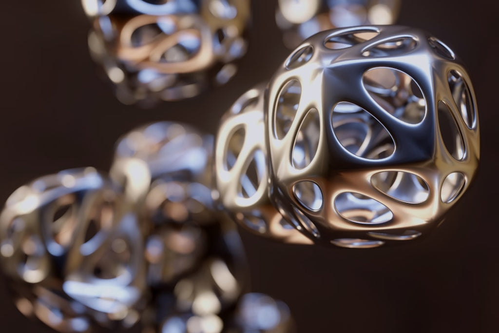 A seamless 3D isometric pattern with kaleidoscope symmetry, featuring metallic geometric shapes on a black background. — base photo: A detailed, close-up view of a metallic 3D object exhibiting intricate geometric facets. Rendered ag