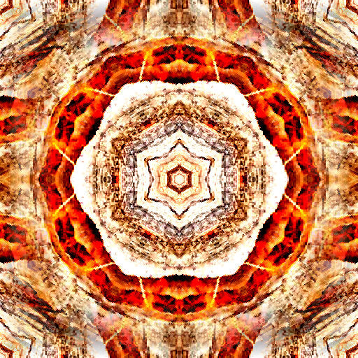 Close-up of a repeating kaleidoscope pattern inspired by rough tree bark textures, showcasing organic lines and earthy tones.