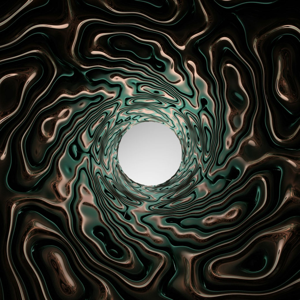 An abstract pattern featuring flowing, curved lines in a wave symmetry mode, inspired by twisted topological surfaces. — base photo: An intricate photographic study by Rick Rothenberg featuring a circular, twisted object with a centr