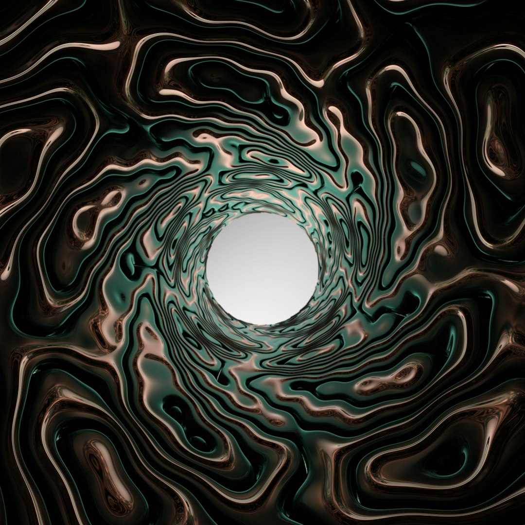 An abstract pattern featuring flowing, curved lines in a wave symmetry mode, inspired by twisted topological surfaces. — base photo: An intricate photographic study by Rick Rothenberg featuring a circular, twisted object with a centr