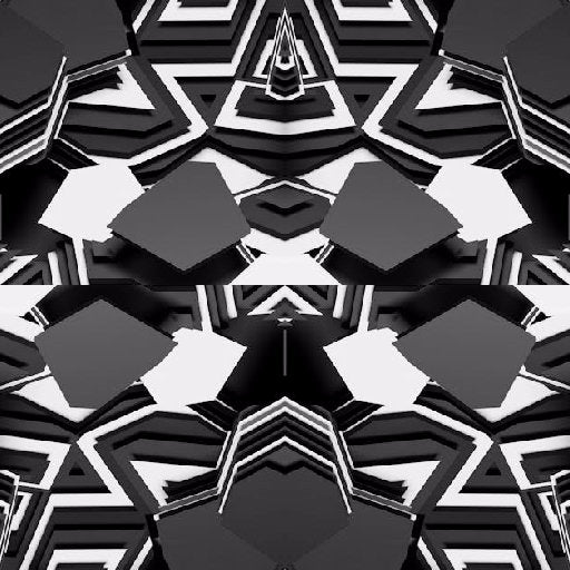 A close-up of 3D isometric geometric shapes arranged in a brick pattern, in shades of blue, black, and cream.