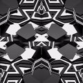 A close-up of 3D isometric geometric shapes arranged in a brick pattern, in shades of blue, black, and cream.
