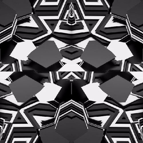 A close-up of 3D isometric geometric shapes arranged in a brick pattern, in shades of blue, black, and cream.