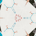 Hands examining a business report with a population and timeline chart, featuring a hexagonal data visualization pattern.