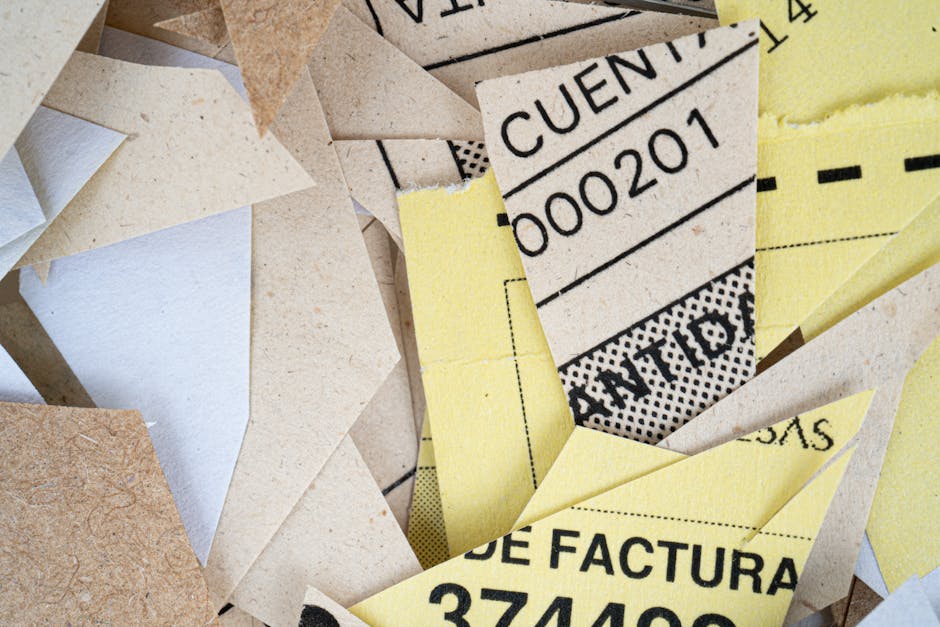 Seamless kaleidoscope wallpaper pattern — Origami by wallpaper⁶ — base photo: A pile of mixed torn paper pieces with visible text and numbers in close-up view.