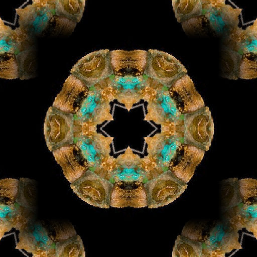 A seamless kaleidoscope pattern of butterfly wings in amber and black, creating a complex radial geometric design.