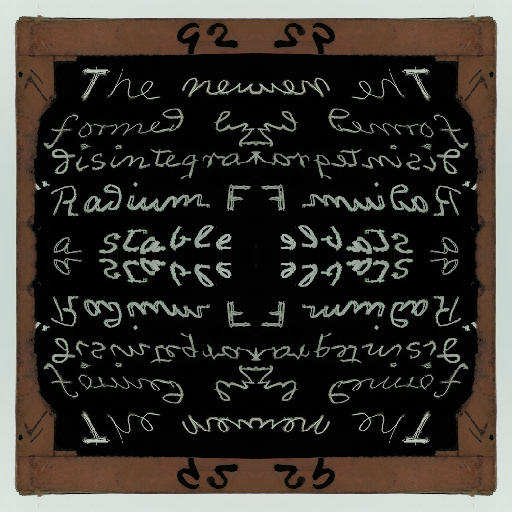 A dark chalkboard-style wallpaper featuring white scientific handwriting and chemical symbols reflected in a Mirror symmetry pattern.