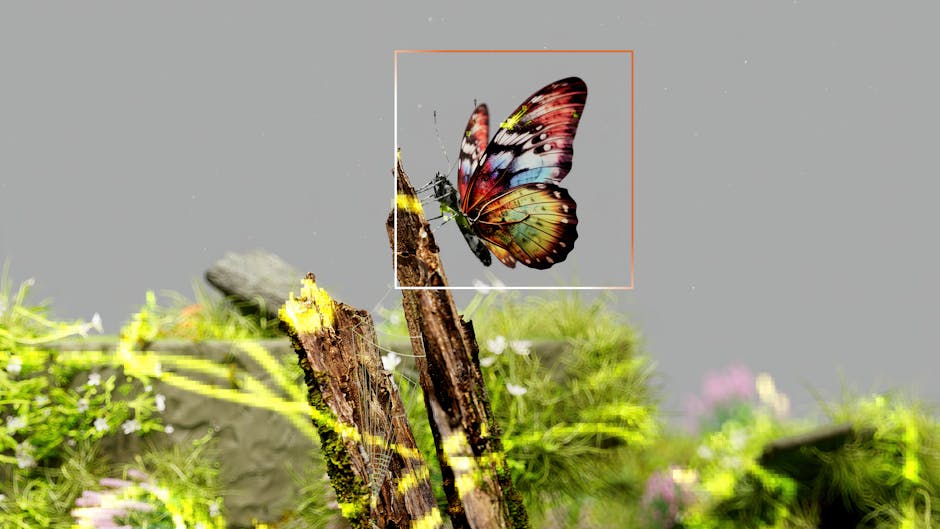 AI Art Rotation wallpaper pattern — base photo: Vibrant butterfly resting on mossy wood surrounded by fresh greenery.