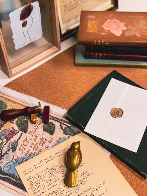 Seamless kaleidoscope wallpaper pattern — Calligraphy by wallpaper⁶ — base photo: Artistic flatlay of vintage stationery, books, and a sealed envelope with a wax seal.