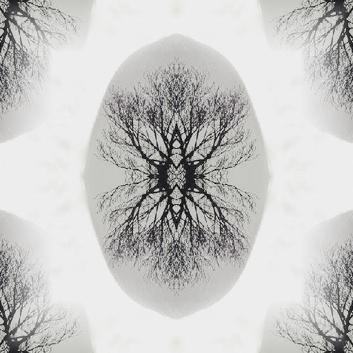 A seamless mirrored pattern of a human face in black and white, creating a symmetrical Rorschach-style artistic wallpaper.