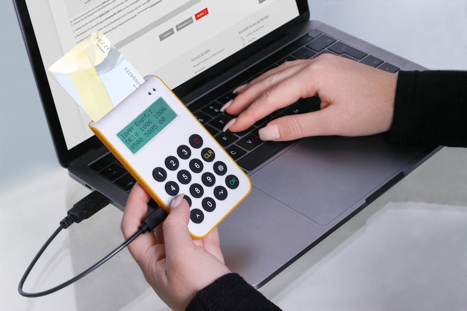 Data Hexagon wallpaper pattern — base photo: Close-up of hands using a card reader for online transactions via laptop, showcasing cashless paymen