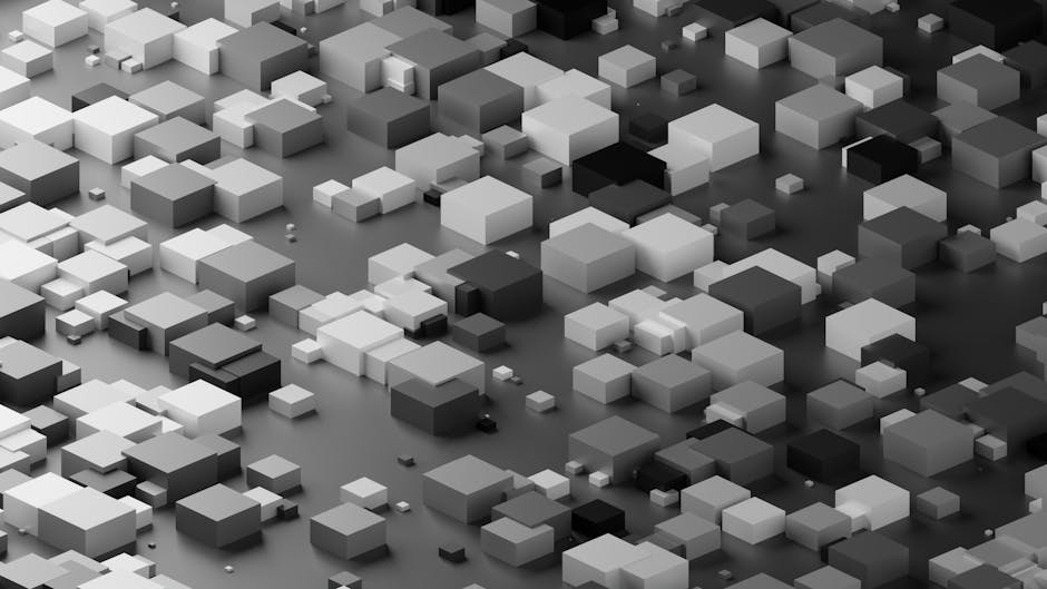 Grayscale abstract pattern of 3D geometric cubes arranged in a kaleidoscope symmetry, creating a modern, multi-dimensional effect. — base photo: A grayscale abstract image featuring a repeating pattern of precisely rendered 3D geometric cubes. T