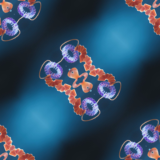 A seamless diamond symmetry pattern featuring glowing violet spheres and interconnected lines against a deep black background.