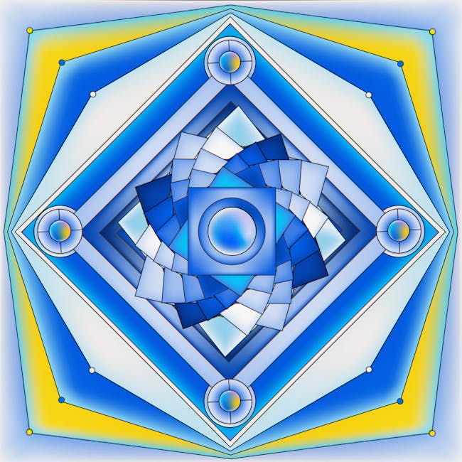 Seamless kaleidoscope wallpaper pattern — Geometry by wallpaper⁶ — base photo: Vibrant blue and yellow digital abstract with geometric patterns and 3D effects.