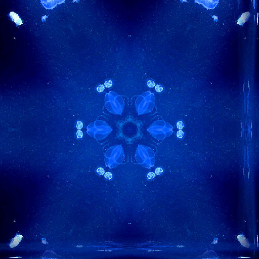 A vibrant kaleidoscope pattern made of jellyfish, with swirling blues, purples, and pinks, reminiscent of an underwater ocean scene.