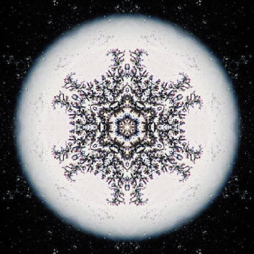 A radial kaleidoscopic pattern featuring shards of purple and gold light in a complex geometric molecular symmetry.