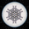 A radial kaleidoscopic pattern featuring shards of purple and gold light in a complex geometric molecular symmetry.