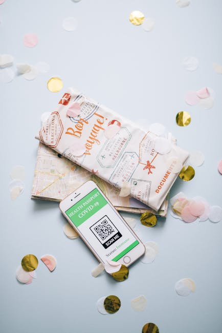 Seamless kaleidoscope wallpaper pattern — Arithmetic by wallpaper⁶ — base photo: Flat lay of travel essentials featuring COVID-19 health passport displayed on a smartphone.