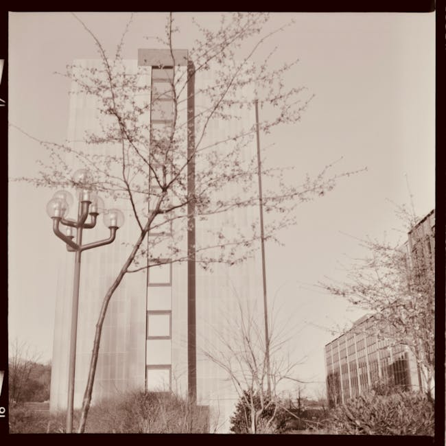 Seamless pinwheel wallpaper pattern — Stained Glass by wallpaper⁶ — base photo: A vintage sepia-toned view of a tall high-rise in Namur with urban surroundings.