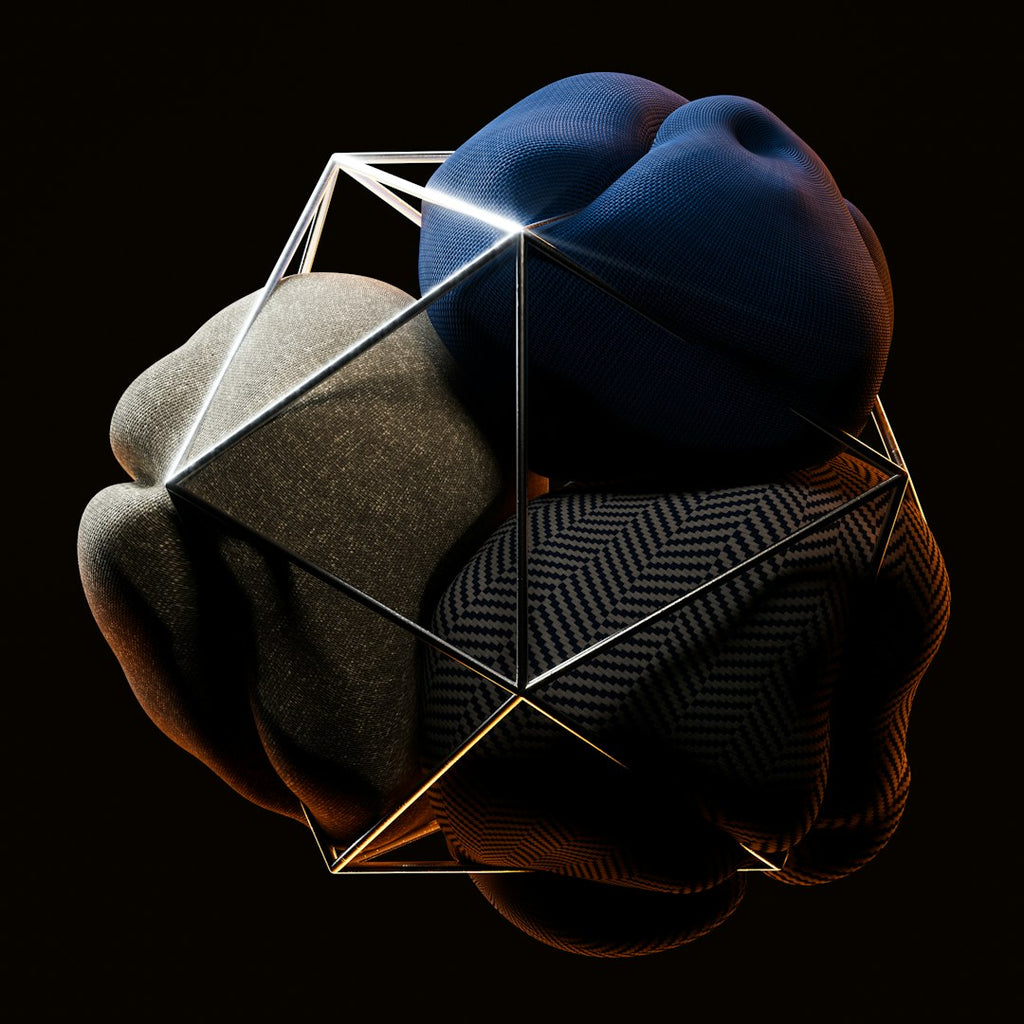 An isometric 3D pattern of citrus-colored geometric blocks arranged in a four-way rotation symmetry. — base photo: A high-fidelity 3D render featuring isometric blocks and citrus-inspired shapes with sharp lighting 