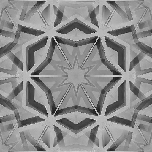 A black and white optical art pattern with radial Kaleidoscope symmetry forming a complex star-like geometric structure.
