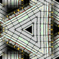 Close-up of geometric stained glass pattern with hex symmetry, featuring vibrant jewel tones and leaded lines, inspired by a traditional window.