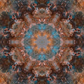 Abstract blue and brown mineralogy pattern in kaleidoscope symmetry, derived from a gemstone close-up.