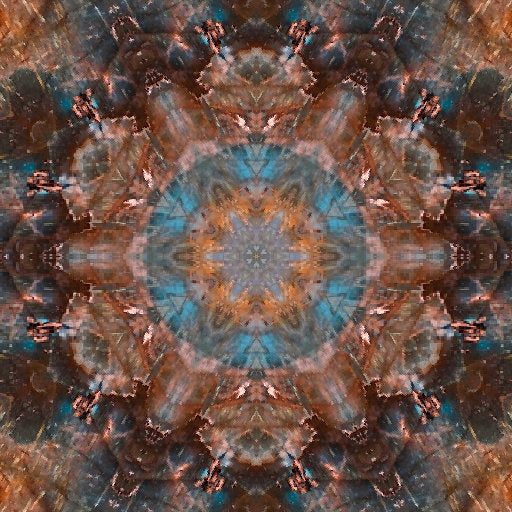 Abstract blue and brown mineralogy pattern in kaleidoscope symmetry, derived from a gemstone close-up.