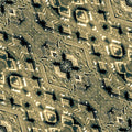 Intricate microchip circuit board pattern with diamond symmetry, inspired by AI transformer technology. Wallpaper design.