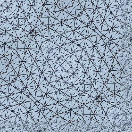 Close-up of a large origami tessellation structure with many lines, showcasing a complex geometric pattern in diamond symmetry.