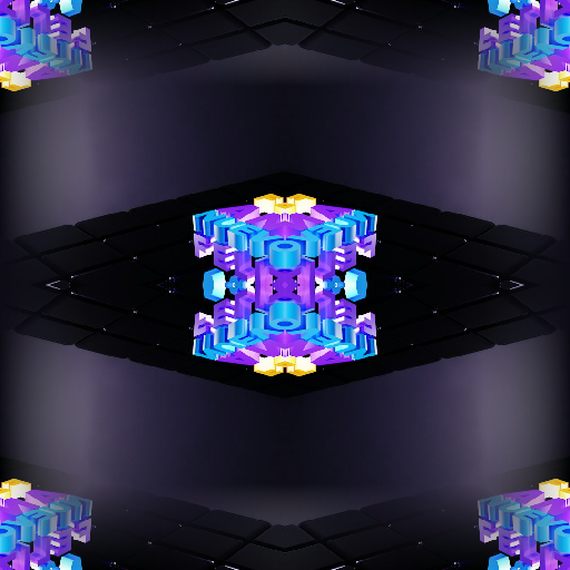 A colorful mirrored pattern of geometric cubes and algebra formulas on a black background, showcasing intricate Mirror symmetry.