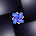 A seamless repeat pattern featuring 4-way rotational symmetry of a vibrant, colorful cube on a pitch-black background.