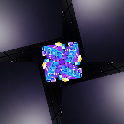 A seamless repeat pattern featuring 4-way rotational symmetry of a vibrant, colorful cube on a pitch-black background.