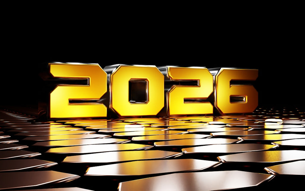 Emotions Kaleidoscope wallpaper pattern — base photo: Striking 2026 illuminated display featuring bold red sculptural numbers with bright yellow LED bulbs