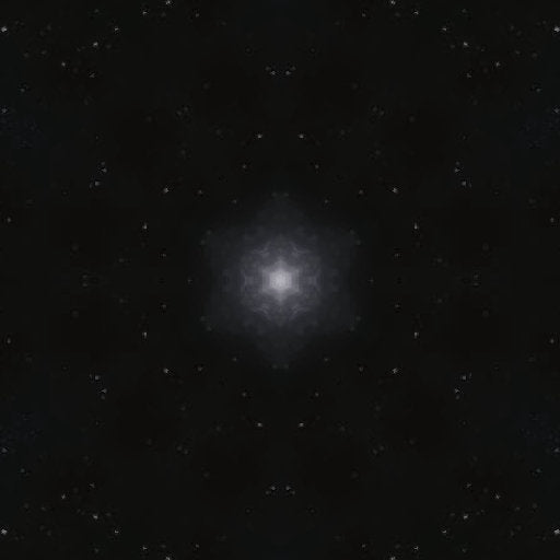 A symmetrical radial kaleidoscope pattern featuring blue and white nebula gas clouds with sparkling stars and light flares.