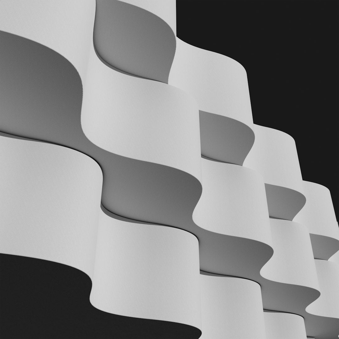 A seamless dark grey wallpaper pattern of 3D prisms and cubes arranged in a complex Kaleidoscope reflecting geometric symmetry. — base photo: A high-contrast 3D rendering of monochromatic geometric blocks and prisms with sharp edges, deep sha