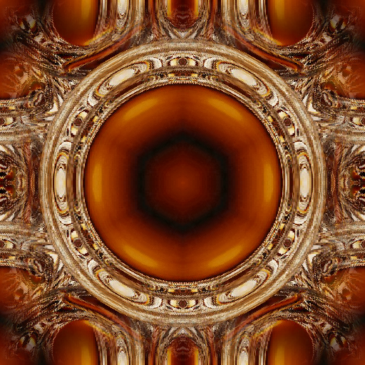 A symmetrical kaleidoscope pattern of golden stained glass shards and dark lead lines in a repeating geometric mosaic.