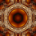 A symmetrical kaleidoscope pattern of golden stained glass shards and dark lead lines in a repeating geometric mosaic.
