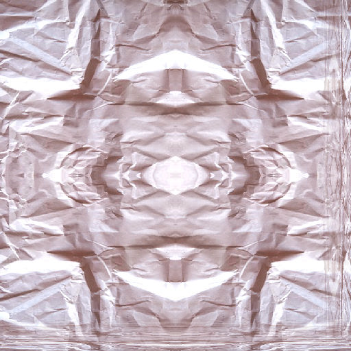 Crinkled paper texture repeating in a mirror symmetry pattern, showcasing the subtle details of paper folds and shadows.