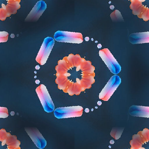 Intricate biochemical molecules and protein chains arranged in a repeating Hex symmetry pattern with teal and navy shades.