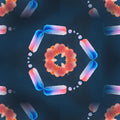 Intricate biochemical molecules and protein chains arranged in a repeating Hex symmetry pattern with teal and navy shades.
