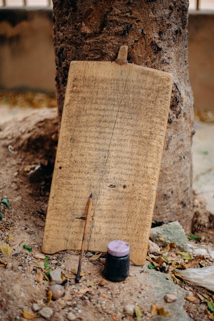 Seamless hex wallpaper pattern — Calligraphy by wallpaper⁶ — base photo: A wooden writing board with a pen and ink set against a tree outdoors.