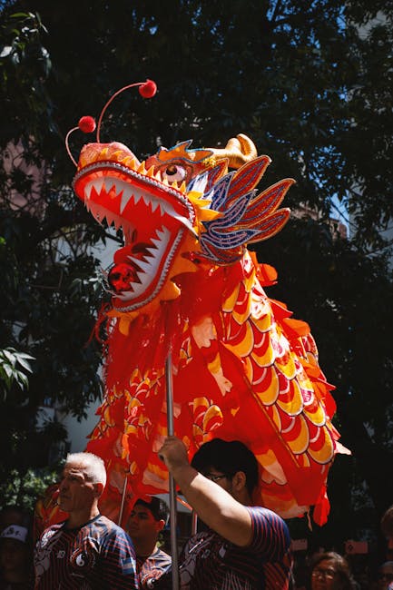 Seamless kaleidoscope wallpaper pattern — Origami by wallpaper⁶ — base photo: Colorful Chinese dragon dance performance during a festival in Buenos Aires.