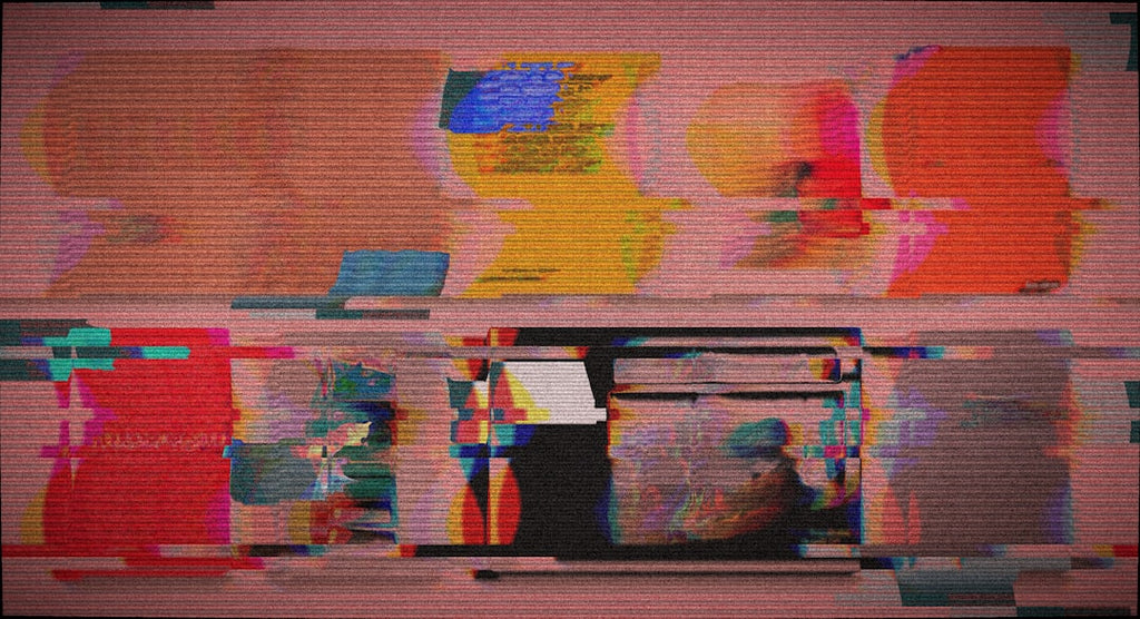 Seamless mirror wallpaper pattern — Glitch by wallpaper⁶ — base photo: Glitchy abstract background with colorful panels and text.