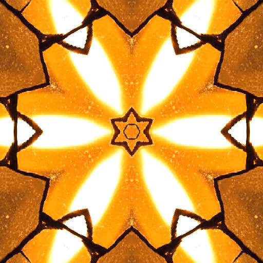 Close-up of a kaleidoscope pattern made from stained glass fragments, illuminated by warm backlighting. Features geometric shapes and cracked glass details.